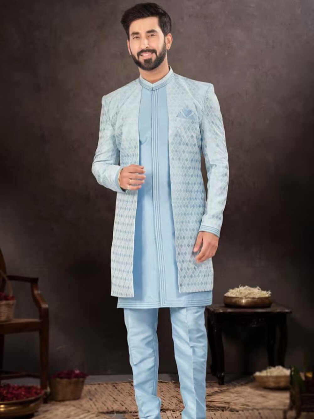 Andaaz Fashion Men's Sherwani Jacket Weaved Light Blue Silk Sz 42